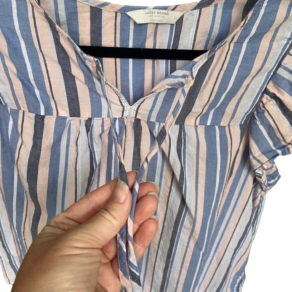 Lucky Brand Flutter Ruffle Short Sleeve Stripped Top - Size Large - Picture 2 of 7